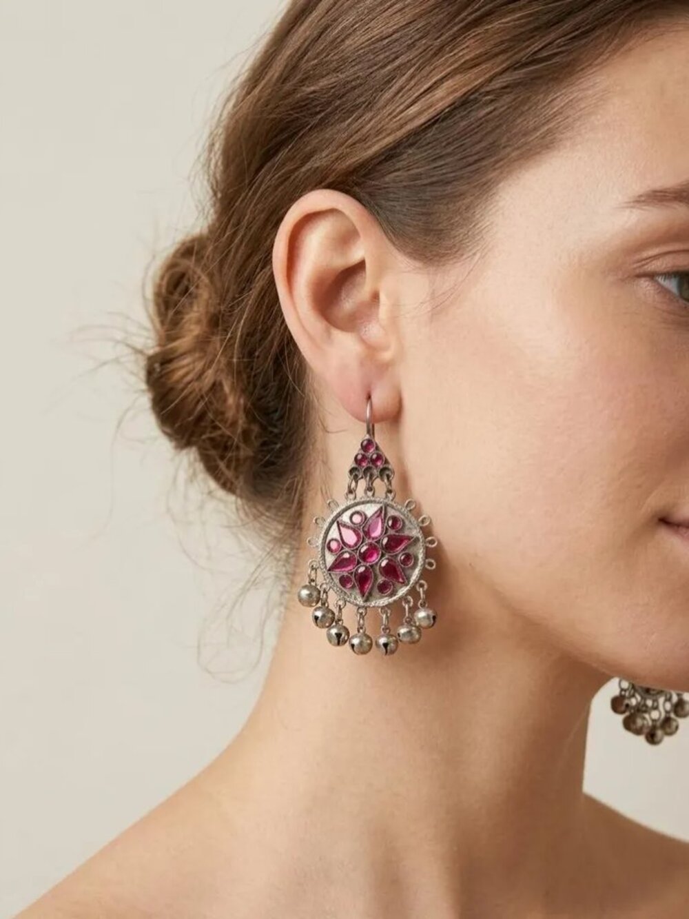 Afghan Kuchi Silver Jhumka Earrings with Purple Glass